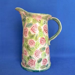 Large vintage jug with pink roses, handmade studio pottery pitcher or vase, cottage core style