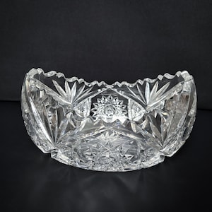 Coupe en cristal au plomb vintage, plat décoratif ovale en verre clair taillé à la main, début du XXe siècle