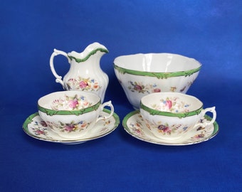 Antique floral tea set for two, with cups and saucers, milk jug, slop or sugar bowl, Ford & Pointon, 1920s