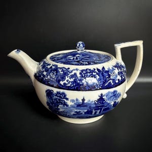 May include: A ceramic teapot in white and blue. The teapot has a lid and handle, and is decorated with a blue floral and landscape pattern. The spout and handle are white. A classic design for serving tea.