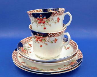 Vintage Roslyn China Imari tea trio set: orange & blue, 1920s