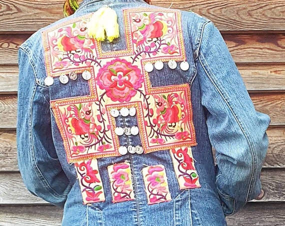 MILLA, boho blazer jeans jacket, hippie chic vintage fashion, bohemian embroidery recycled jacket, tassel and coin ribbon, ethnic patterns