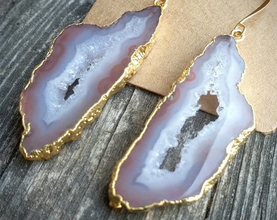 Boucles d'oreilles tranche d'agate cristallisée NAÏADE