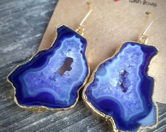 Boucles d'oreilles tranche d'agate cristallisée REÏNA