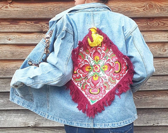 LEYILA, Large vintage bohemian jacket, embroidery recycled jacket, boho ribbon tassel apparel, hippie colored fashion, ethnic patterns back