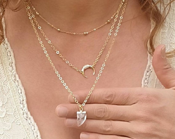 Elegant boho multi-raw necklace, golden chain, quartz stone tusk pendant, crescent moon. Serenity protection thin jewelry, hippy chic look