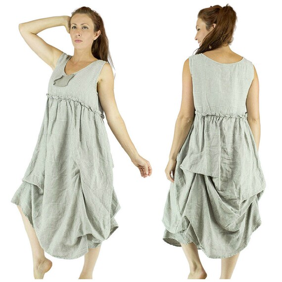 Baggy linen dress gray white gingham, overlays Shabby Chic cottage dress, Mori girls style, adjustable height, linen campaign loose dress
