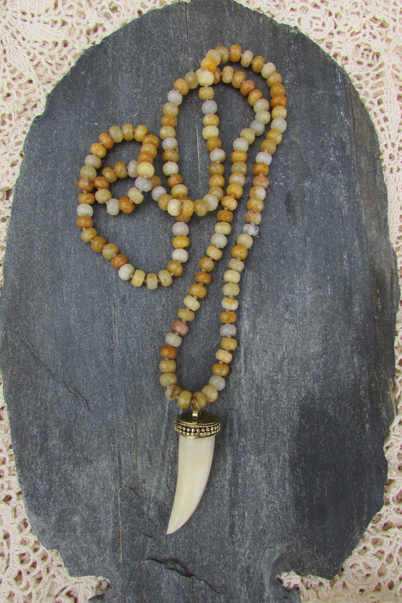 rosary knotted necklace Tusk necklace with yellow facetted stone beads boho tribal jewelry off white tibetan bone horn pendant necklace