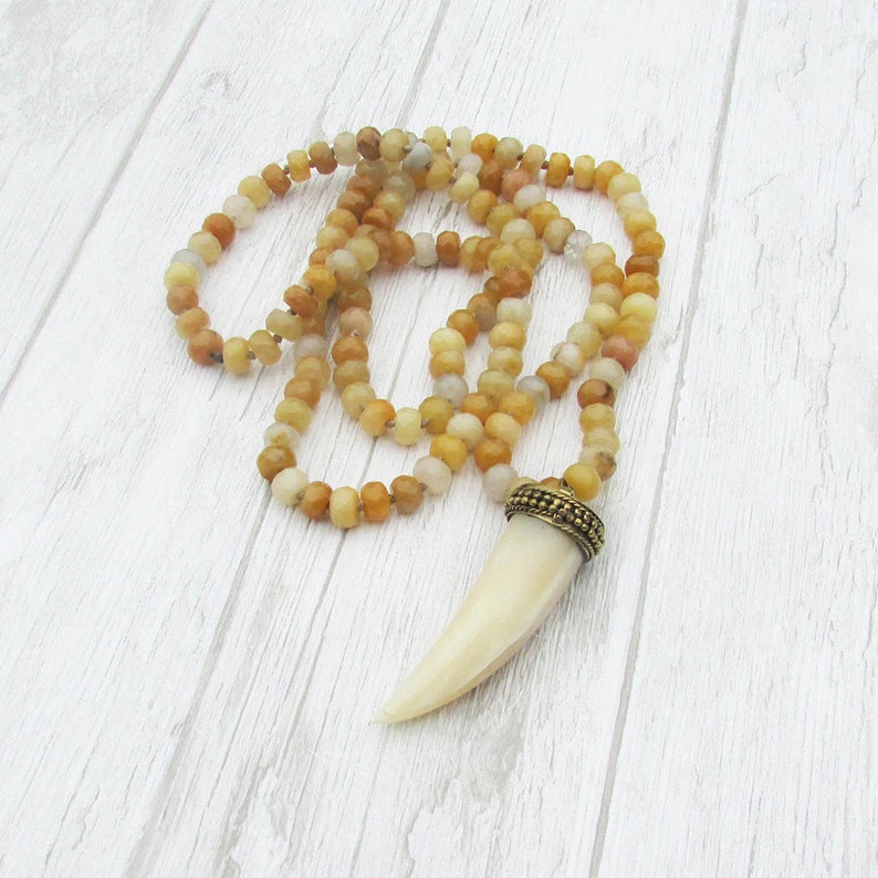 rosary knotted necklace Tusk necklace with yellow facetted stone beads boho tribal jewelry off white tibetan bone horn pendant necklace