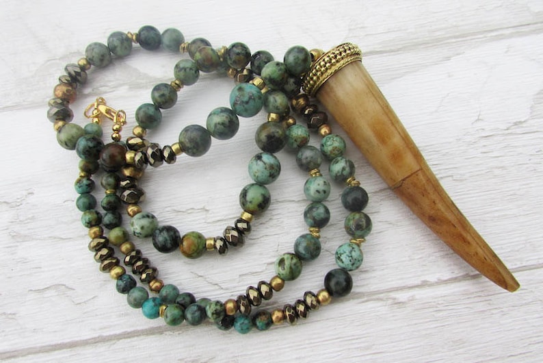 hippy boho African turquoise long necklace Tusk necklace tibetan horn pendant necklace gipsy tribal earthly turquoise gemstone beads
