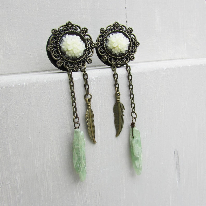 fairy and pixie plugs Kyanite raw FAERY\u00cfA FEATHER dangle plugs fantasy mystical plugs ears, feathers charms handle on chain bohemian
