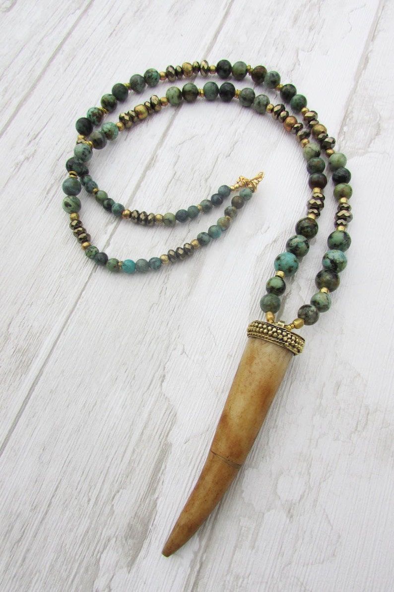 hippy boho African turquoise long necklace Tusk necklace tibetan horn pendant necklace gipsy tribal earthly turquoise gemstone beads