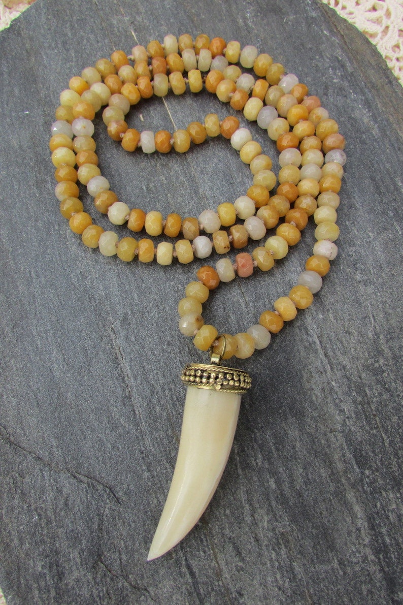 rosary knotted necklace Tusk necklace with yellow facetted stone beads boho tribal jewelry off white tibetan bone horn pendant necklace