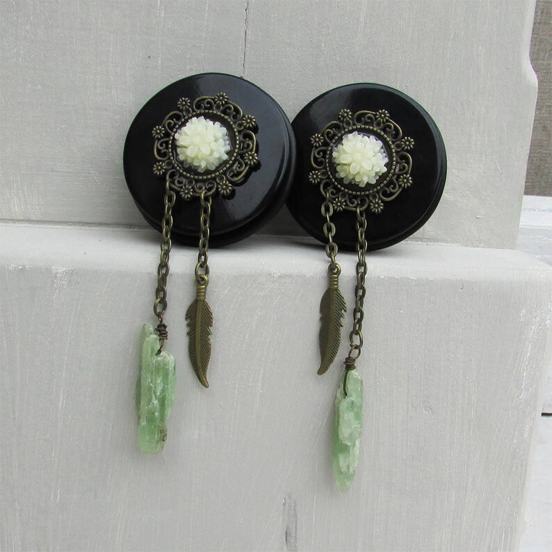 fairy and pixie plugs Kyanite raw FAERY\u00cfA FEATHER dangle plugs fantasy mystical plugs ears, feathers charms handle on chain bohemian