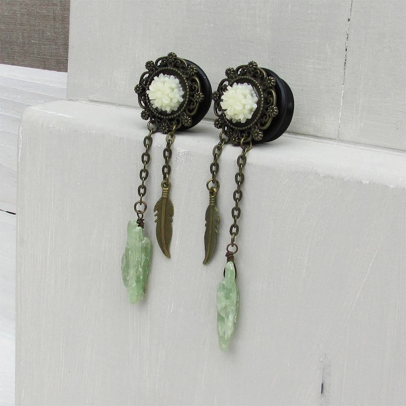 fairy and pixie plugs Kyanite raw FAERY\u00cfA FEATHER dangle plugs fantasy mystical plugs ears, feathers charms handle on chain bohemian