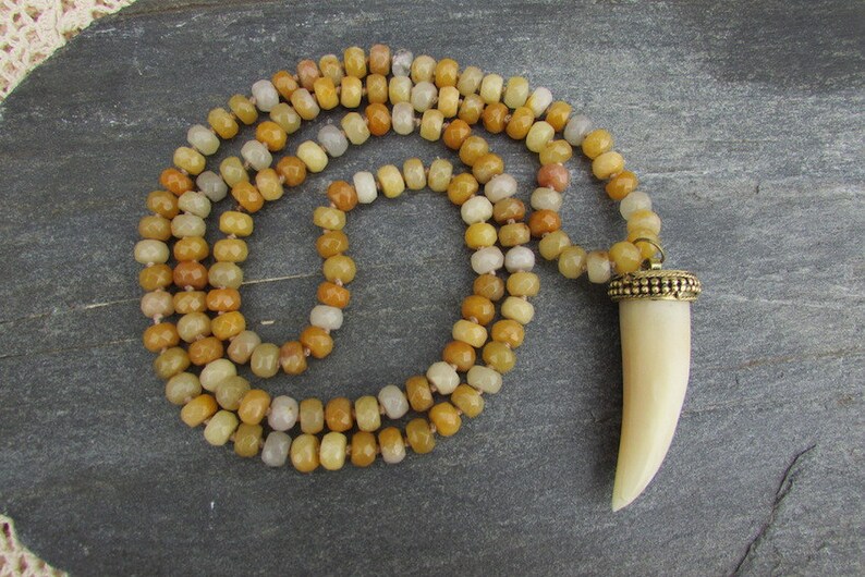 rosary knotted necklace Tusk necklace with yellow facetted stone beads boho tribal jewelry off white tibetan bone horn pendant necklace