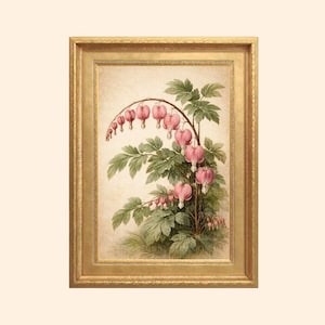 Può includere: Una stampa botanica incorniciata con un'illustrazione dettagliata dei fiori del cuore sanguinante. L'opera presenta fiori rosa a forma di cuore appesi a steli arcuati, circondati da foglie verdi. La cornice è dorata con dettagli ornati.