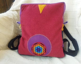 Flower of Life backpack, sacred geometry, Recycled backpack, upcycled, maroon backpack, colorful backpack