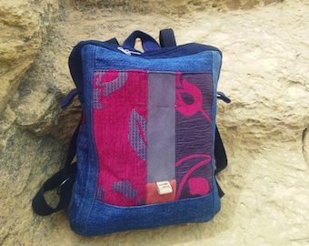 Upcycled Denim Backpack, Baroque Fabric, Handmade Retro Style