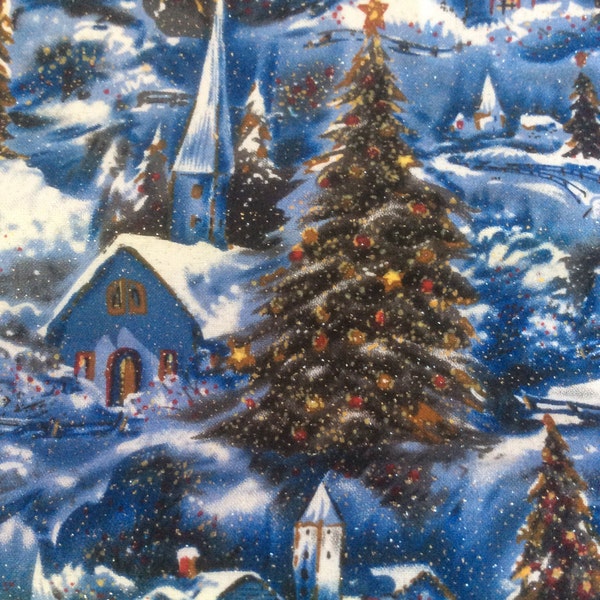 David textiles 100% cotton  Christmas village blue with silver glitter perimium quilt/craft material 1/2 yard