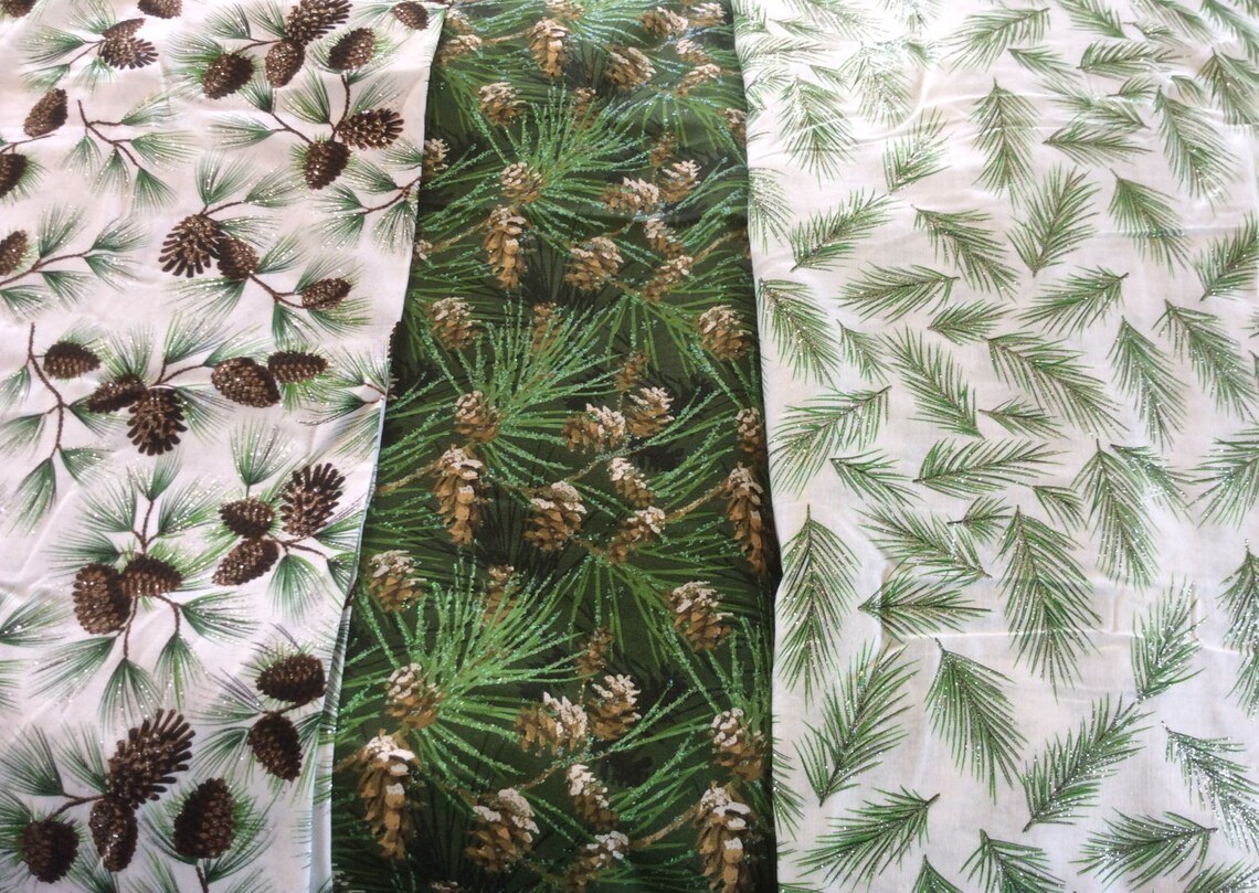 JoAnn fabrics Christmas pine cones & needles on white with Etsy