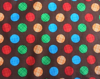 AXM Pop and Tots spots on brown blackground  % cotton fabric in blues, orange, reds, greens and browns, premium quilt/craft material 1/2yard