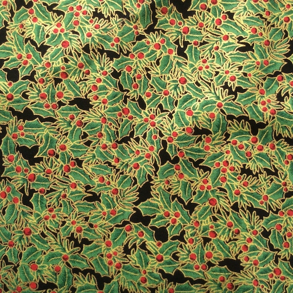 David Textiles gold metallic, red berries and holly leaves black background 100% cotton fabric premium quilt / craft material 1/2 yard.