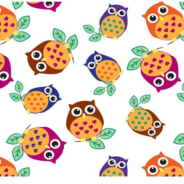 David Textiles hoot owl on branch 100% cotton quilting fabric premium quilt /craft blue, purple, pink, green, and  orange material 1/2 yard.