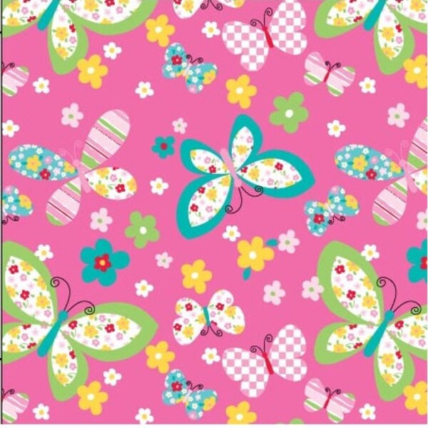 David Textiles Multi colored butterflies and flowers on pink 100% cotton fabric premium quilt / craft material 1/2 yard.