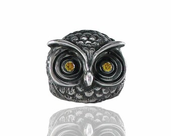 Silver owl ring, Ring woman, Silver ring 925, Silver owl ring, Silver owl jewelry, accessory, silver owl,  yellow stone, Italian, charm