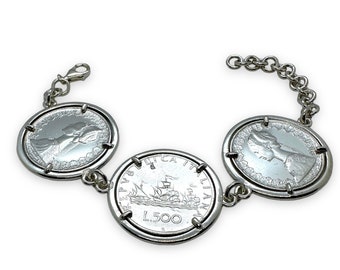 500 lire bracelet in silver, silver coin bracelet, Italian coin bracelet, jewel silver coins, handmade 500 lire bracelet,