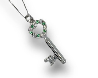 heart and key pendant, silver key pendant, silver heart key pendant and stones, silver key pendant with stones,