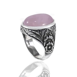 ring chevalier, ring stone, punk quartz, women, silver burnished 925, ring for men, silver ring, flower ring, shield ring, pink stone ring