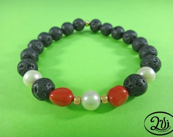 Elastic bracelet with lava stone white pearl coral and gold women man