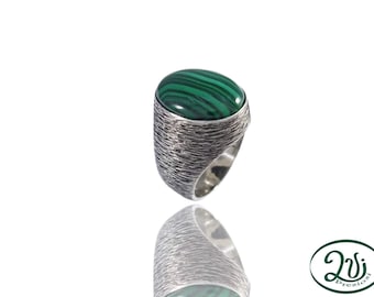 Ring chevalier, Ring stone malachite, Women, Silver burnish 925, Ring stone, Fashion silver ring,  Handmade jewel,