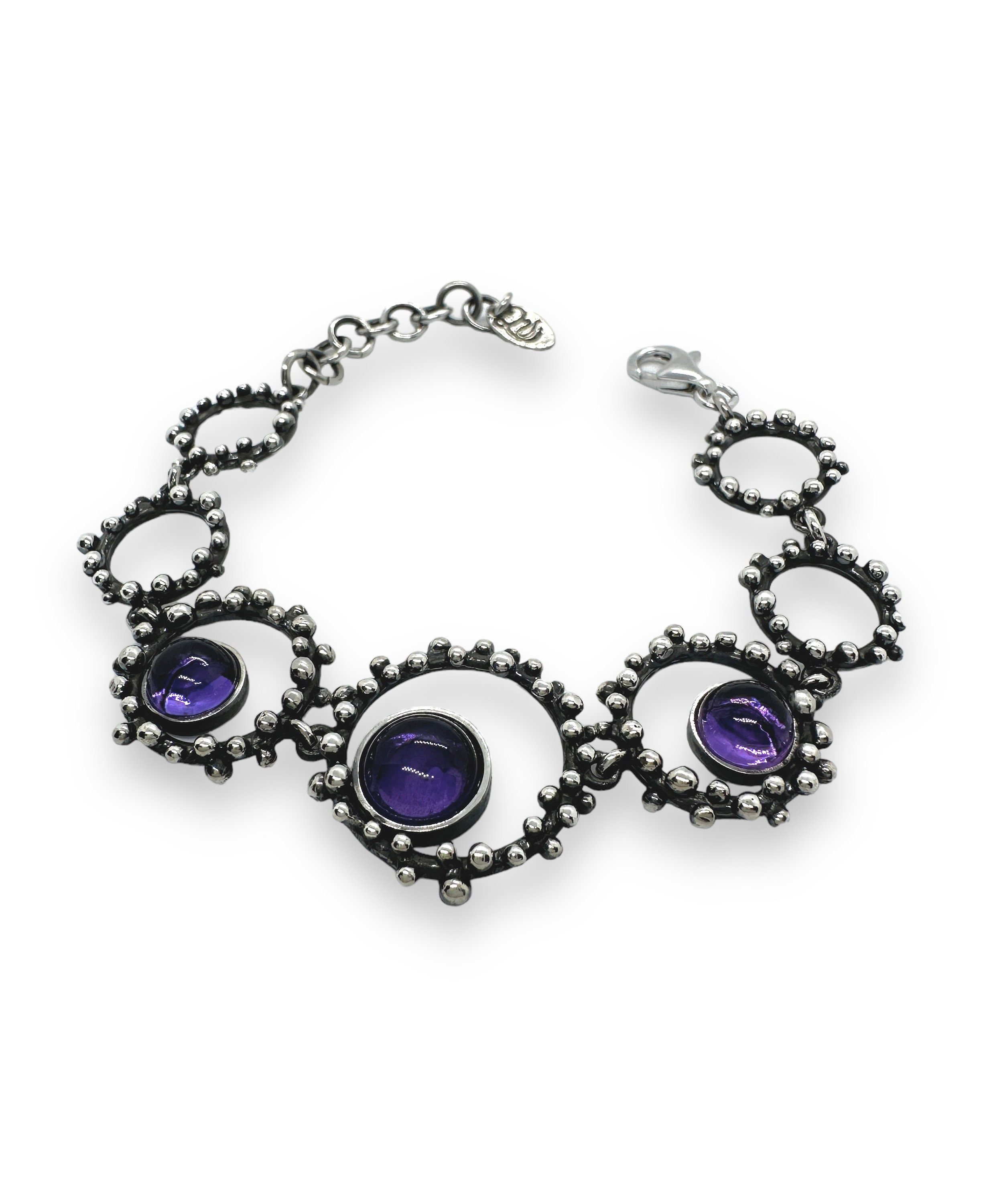 Silver and amethyst dotted circle bracelet, 925 silver dots and circle bracelet, circle bracelet with stones, Italian jewelry,