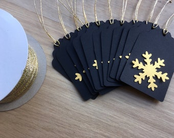 Set of 12 tags, black and gold snowflakes, gift tag, napkin tag, party deco,