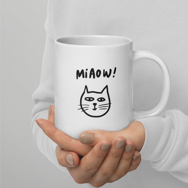 White glossy 'MIAOW!' cat mug