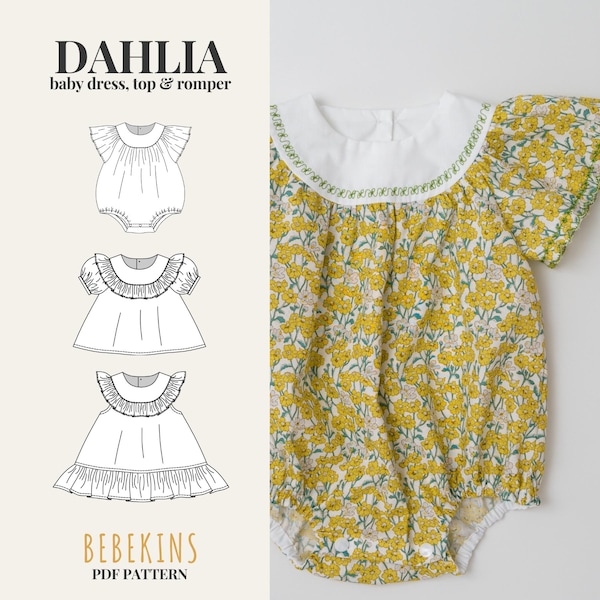 May include: A baby romper with a white collar and yellow floral pattern. The romper has short sleeves with a ruffled edge. The image also shows a pattern for a baby dress, top, and romper, with the text "DAHLIA baby dress, top & romper" and "BEBEKINS PDF PATTERN".
