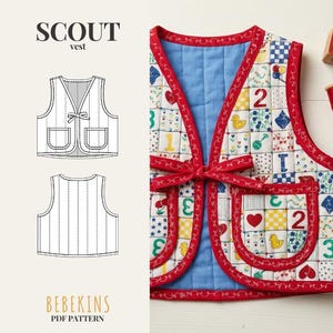 May include: A Scout vest PDF pattern featuring a quilted vest with a white background and a colorful grid print of numbers, hearts, and ducks. The vest has red trim, two front pockets, and a tie closure. The pattern includes technical line drawings.