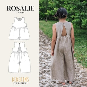 Pode incluir: Uma pessoa jovem vestindo um macacão de linho bege com as costas vazadas. A imagem também mostra um desenho linear do macacão com o texto "ROSALIE romper" e "BEBEKINS PDF PATTERN".