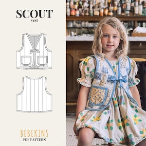 May include: A sewing pattern for a Scout vest by Bebekins, featuring a line drawing of a sleeveless vest with a front tie closure and two patch pockets. The pattern includes text indicating PDF format, difficulty level, and sizes 1-12 years.