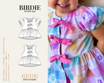 Patrón de costura en PDF para blusa con lazo Birdie/A4/A0/Archivos para proyector - Patrones Bebekins