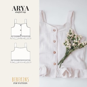 Patrón de costura en PDF para camiseta sin mangas con volantes (A4, A0 y archivos para proyector) - Patrones Bebekins (12 tallas)