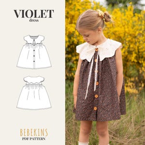 May include: A young girl wearing a brown floral print dress with a white lace collar and buttons. The dress is paired with white socks. The image also shows a line drawing of the dress and the text "VIOLET dress" and "BEBEKINS PDF PATTERN".