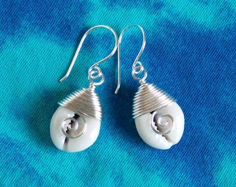 Wire Wrapped Cowrie Shell Earrings: Silver Plated Beach Jewelry