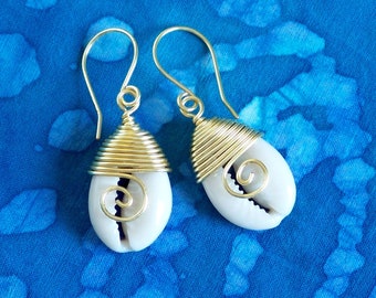 Gold Wire Wrapped Cowrie Shell Earrings: Beach Jewelry