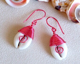Wire Wrapped Cowrie Shell Earrings: Coral Pink Beach Jewelry