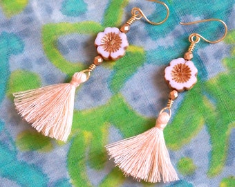 Boho Tassel Earrings: White Gold Flower, Czech Glass