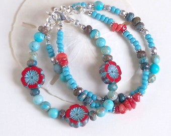 Boho Stacking Bracelets: Jasper, Red Coral, Czech Glass Beads